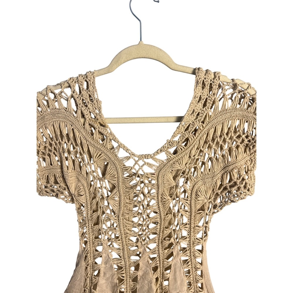 Boho Crochet Knit‎ Handkerchief Hem Tunic Top Tan Beige Fairycore Festival Small - Picture 3 of 5